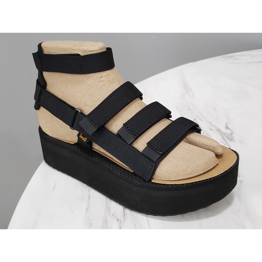 NEW NO BOX  SIZE 7 TEVA FLATFORM MEVIA LEATHER BLACK GLADIATOR SANDALS PLATFORM